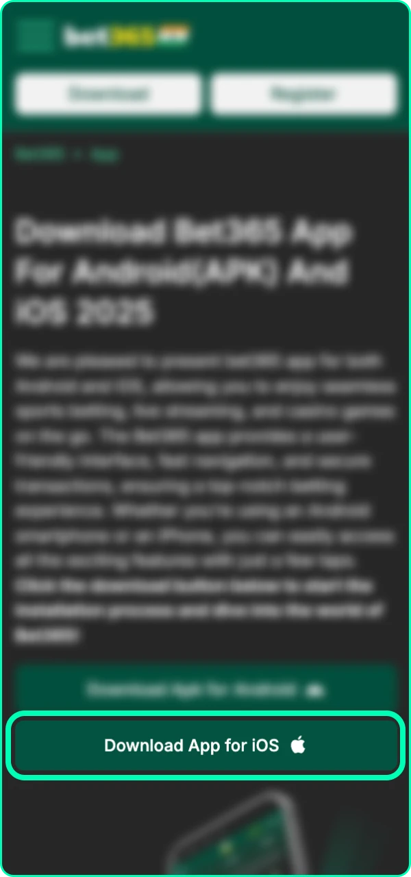 Familiarise yourself with the interface and find the button to download the Bet365 app for iOS devices.