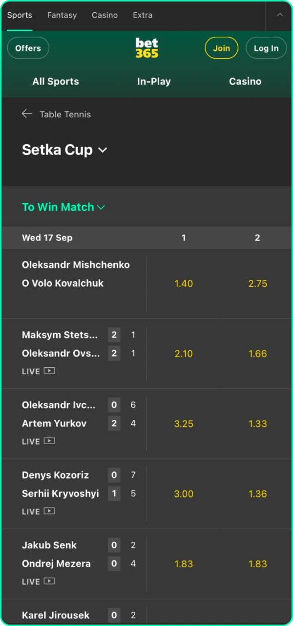 Watch matches online and make your predictions with Bet365.