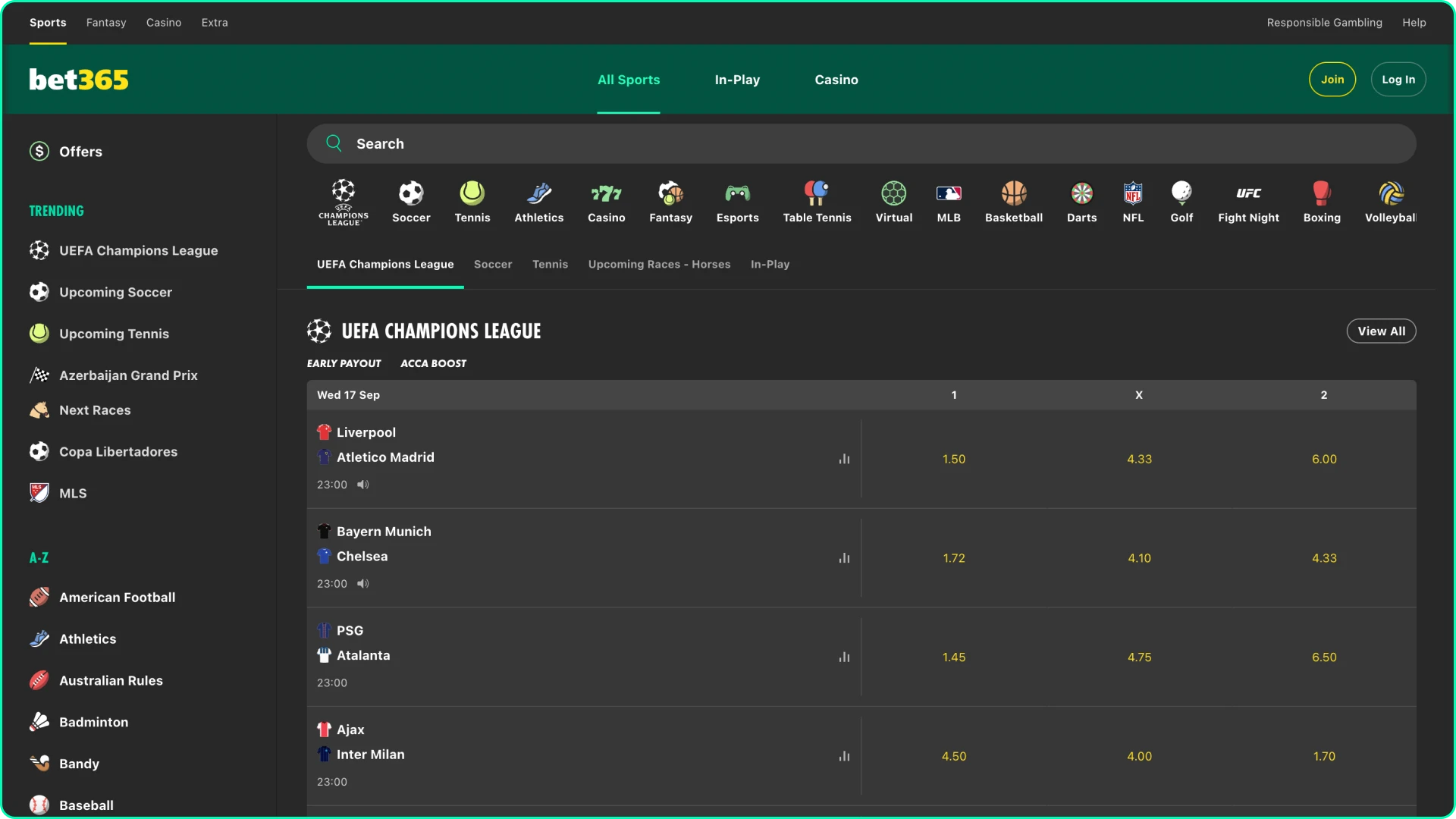 Look carefully at the Bet365 homepage and select the Join button.