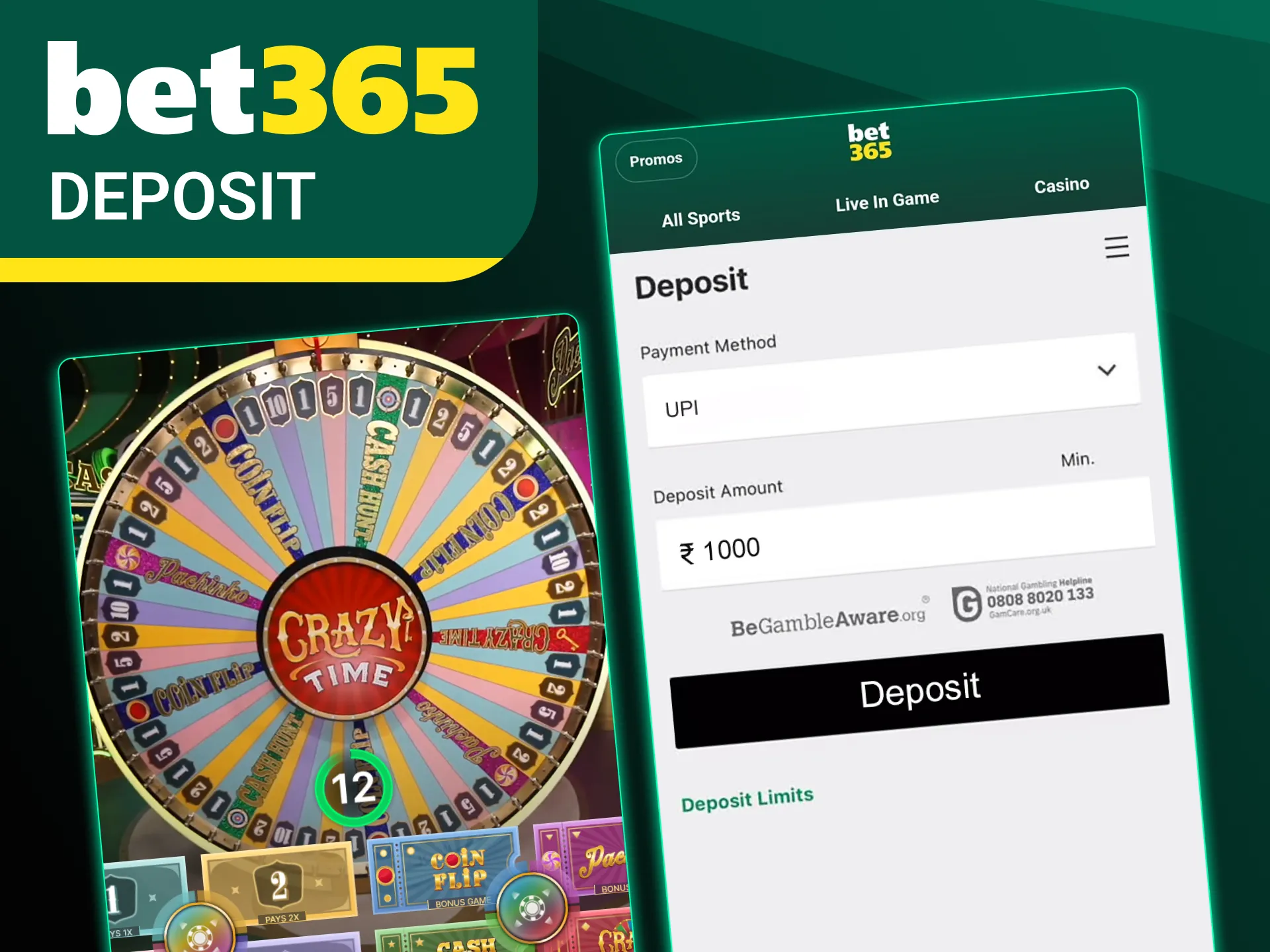 Log in to Bet365 online casino to make a deposit and start playing.