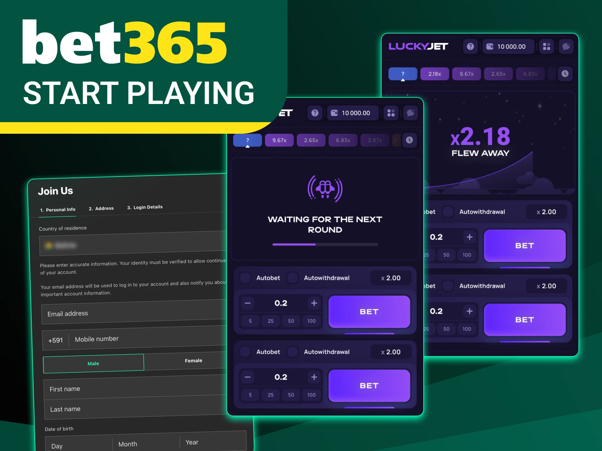 Make a deposit to start playing Lucky Jet at Bet365 online casino.